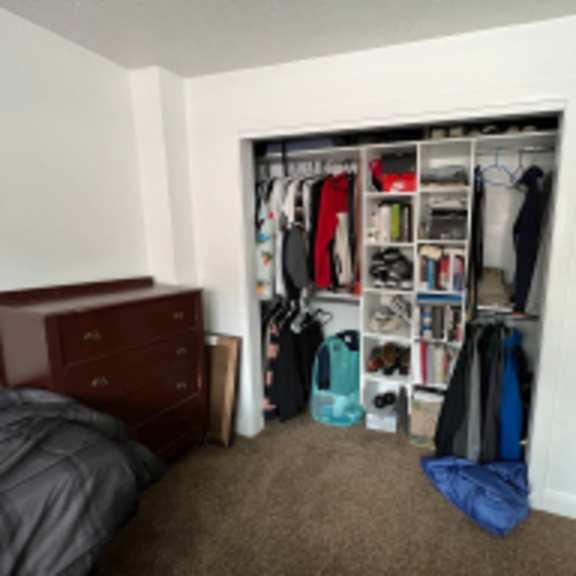 a room with a bed, a closet full of clothes and a carpet.