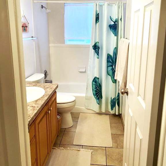 a bathroom with a toilet, sink, and shower.
