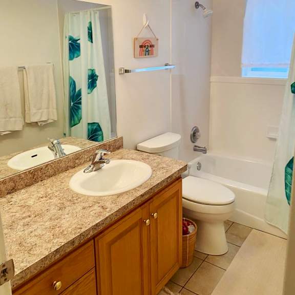 a bathroom with a sink, toilet, and shower.