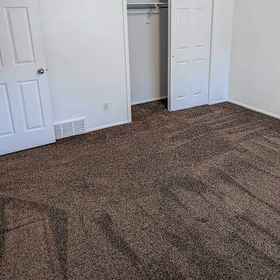 a room with a carpeted floor and a closet with a door open.
