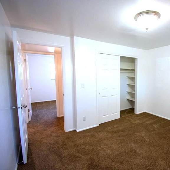 a room with brown carpet and white walls.