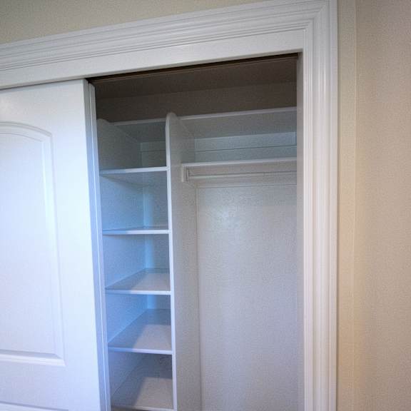 a white door is open to a white pantry with shelves.