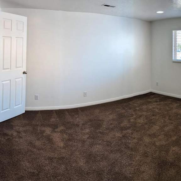 a room with brown carpet and a window showing trees outside.