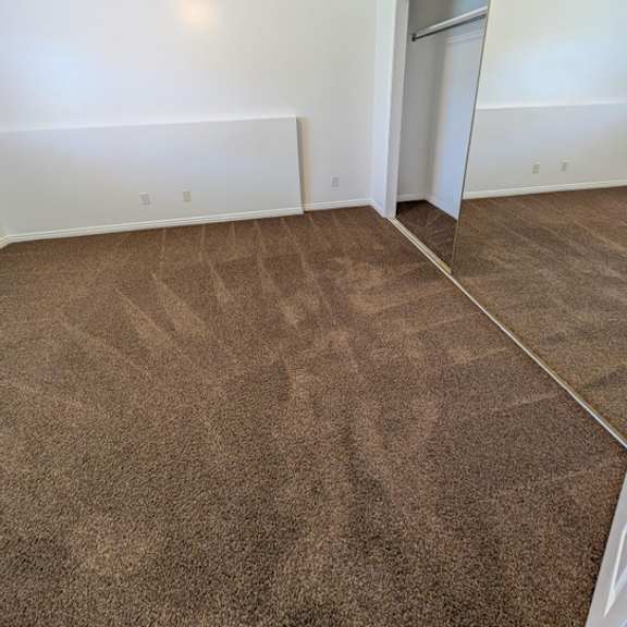 a room with a brown carpet and a white door.