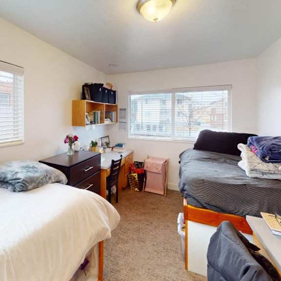 a bedroom with two beds and a desk.