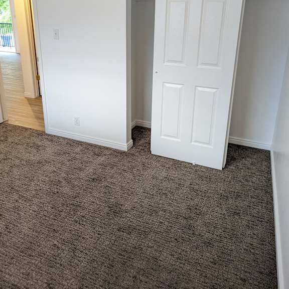 a white door is open in a room with carpeted floor.