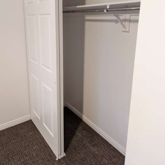 a white door is open to a closet with a shelf.