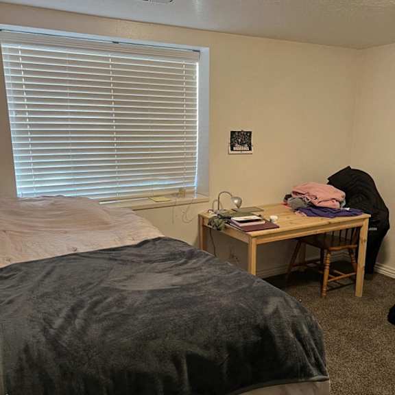 a bedroom with a bed, desk, and window with blinds.