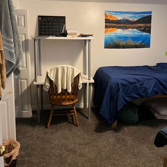 a room with a bed, desk, chair, and a painting on the wall.