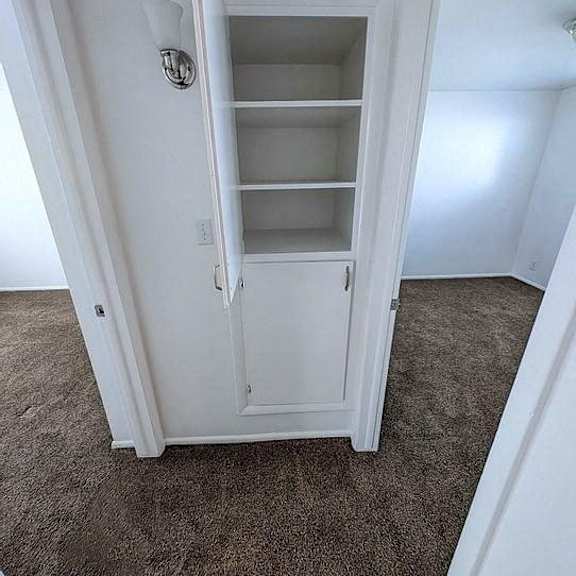 a white cabinet with shelves is in a room with carpeted floor.