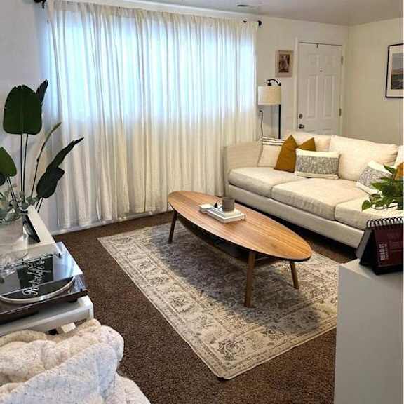 a living room with a couch, a coffee table, and a rug.