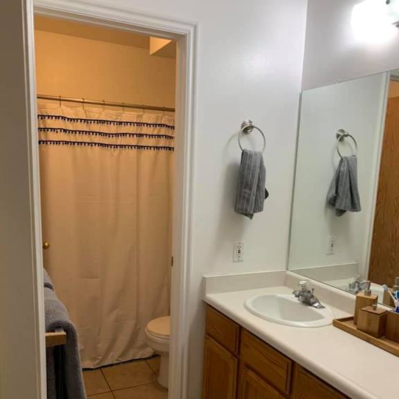 a bathroom with a toilet, sink, and shower.