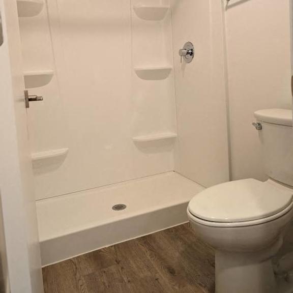 a white bathroom with a shower and a toilet