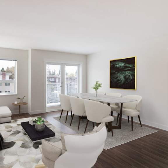 a living and dining room area with white walls and hardwood floors