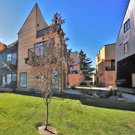 a view of the back of the building with green grass and a tree in front of it