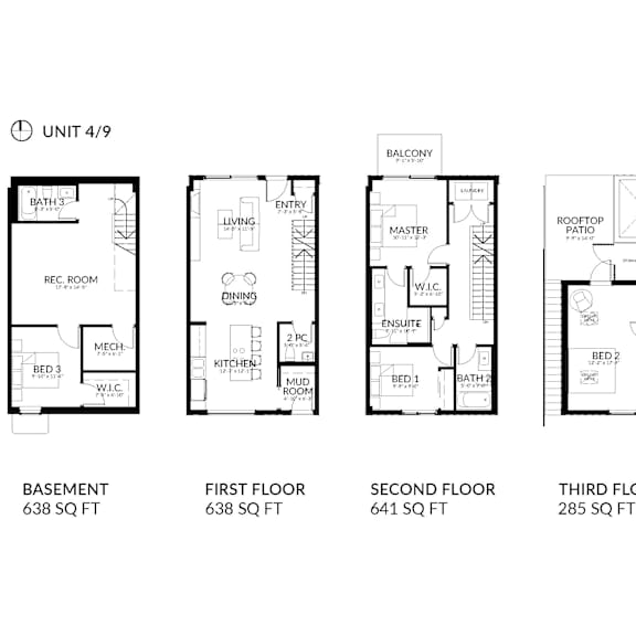 a diagram shows the layout of apartment 4/9 with basement, first, second and third floor plans.