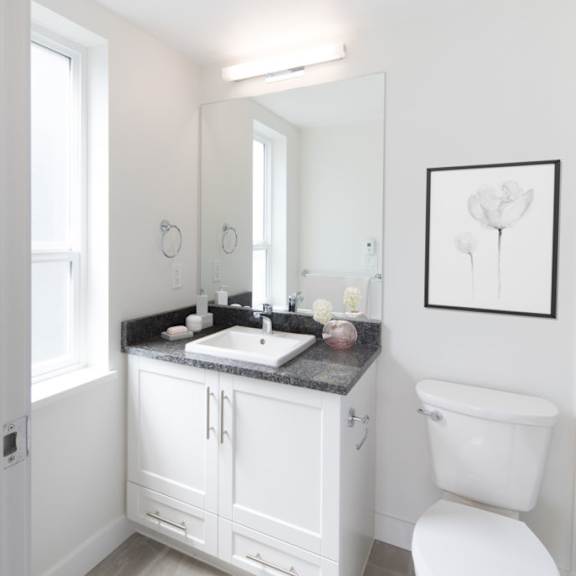 a bathroom with a white toilet and a white sink with a black countertop