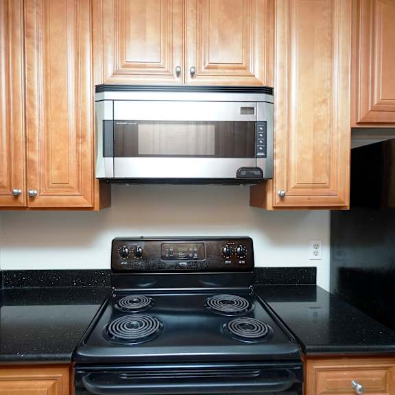 a black stove top oven with a silver microwave above it.