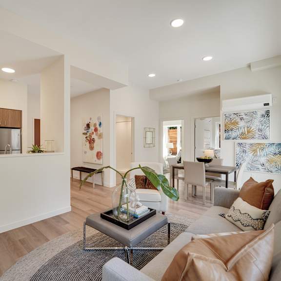 a modern living room with a grey sofa and a glass coffee table.