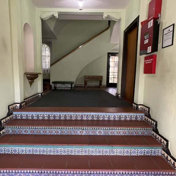 a view from the top of the stairs