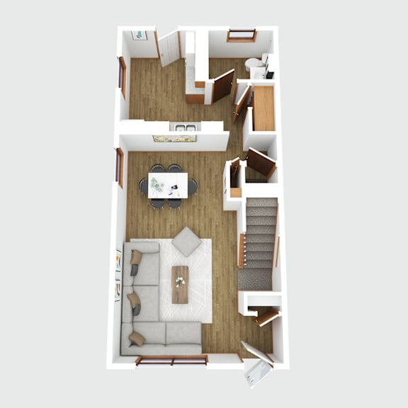 a top down view of a living room, dining room, kitchen and hallway.