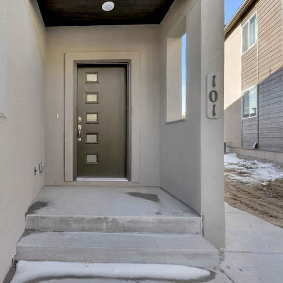 a modern house entrance with a dark grey door and steps leading up to it.