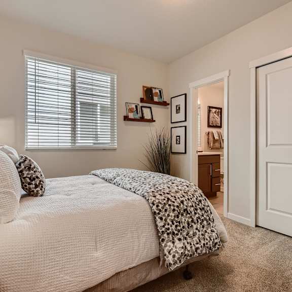 a bedroom with a bed and a door to a bathroom