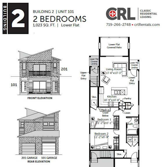 a floor plan for a 2 bedroom, 1,023 square foot lower flat is shown.