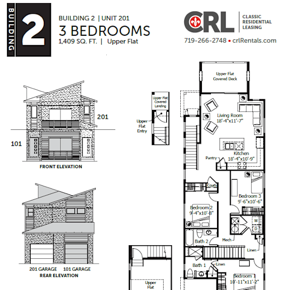 a floor plan for a 2 bedroom, 1409 square foot, upper flat at the village of capri at flying horse.