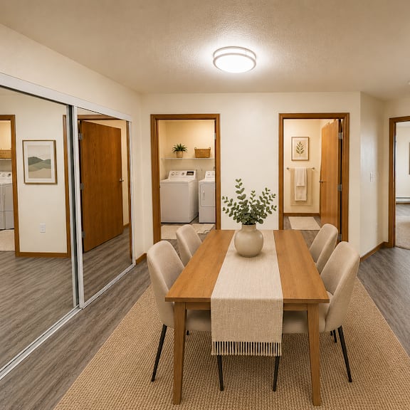 a dining room with a wooden table and chairs.
