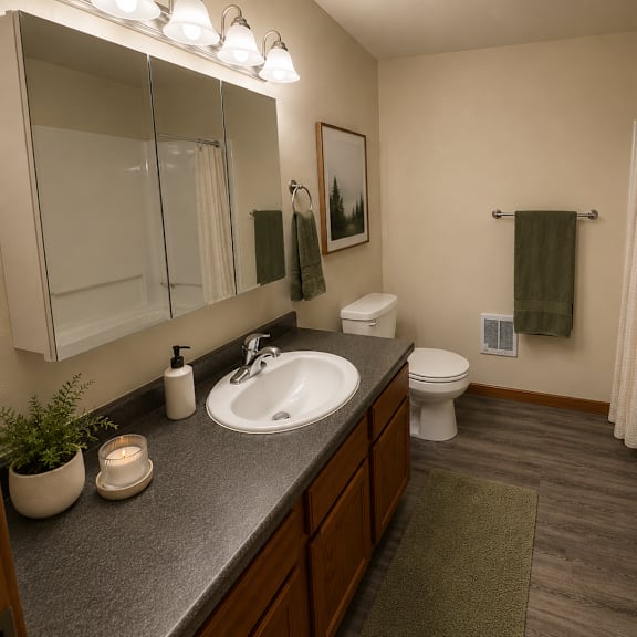 a bathroom with a sink, toilet, and bathtub.
