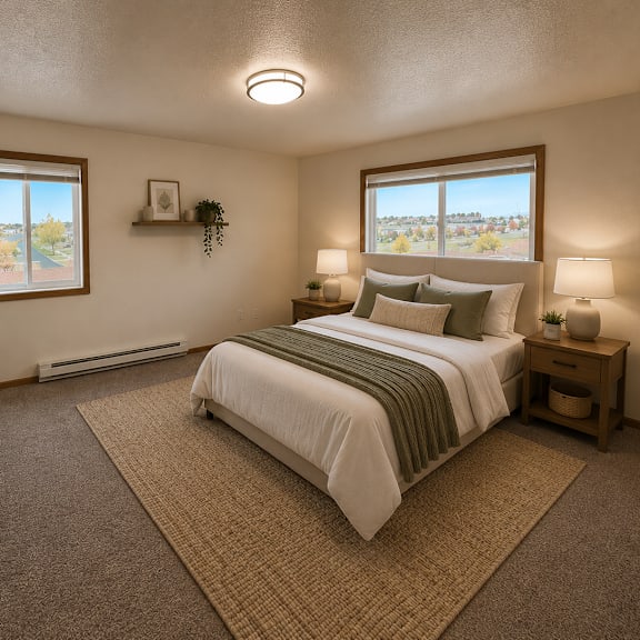 a bedroom with a large bed, a window with a view, and a nightstand with a lamp.