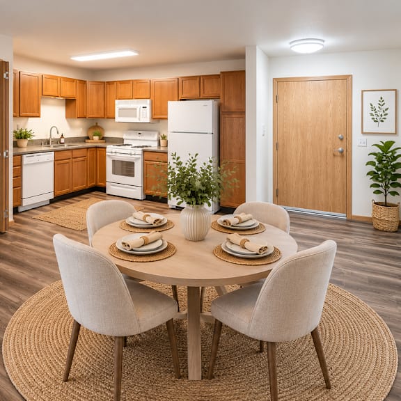 a modern kitchen with a dining table set for two.