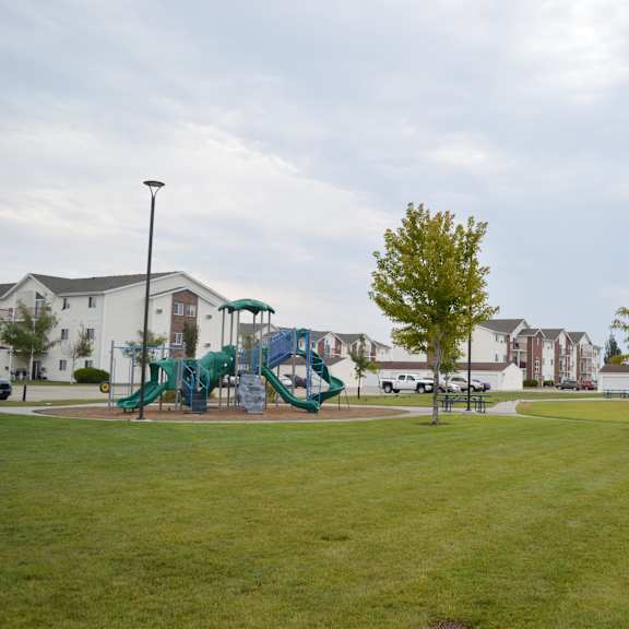a playground with a green slide and a tree in the middle of a grassy field.