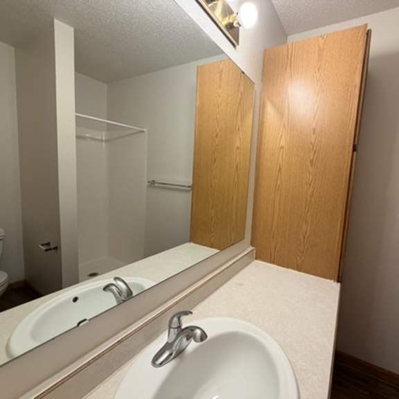 a white sink in a bathroom with a mirror and wooden medicine cabinet.