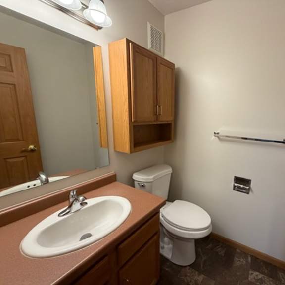 a bathroom with a toilet, sink, and wooden cabinets.