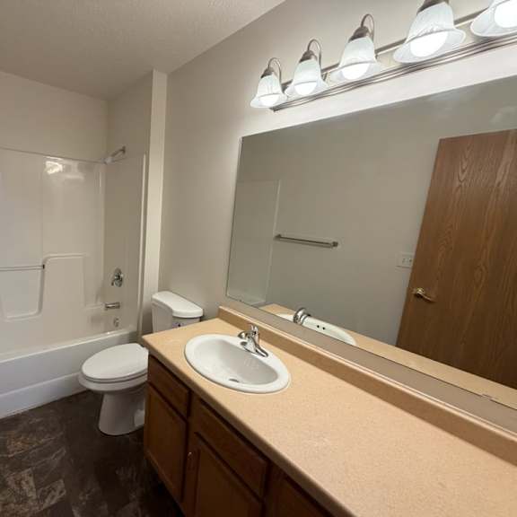 a bathroom with a toilet, sink, and mirror.