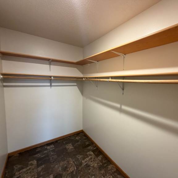 a walk-in closet with shelves and a carpeted floor.