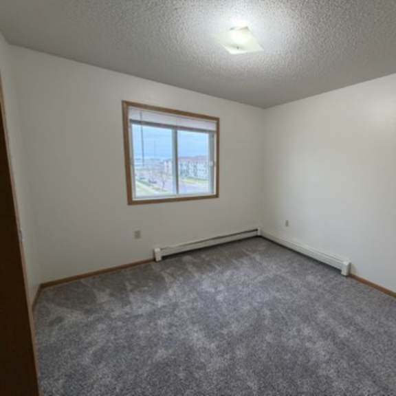 a room with a grey carpet and a window.
