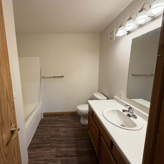 a bathroom with a toilet, sink, and mirror.