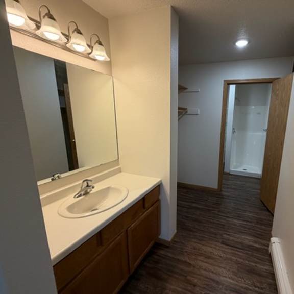 a bathroom with a sink, mirror, and lights.