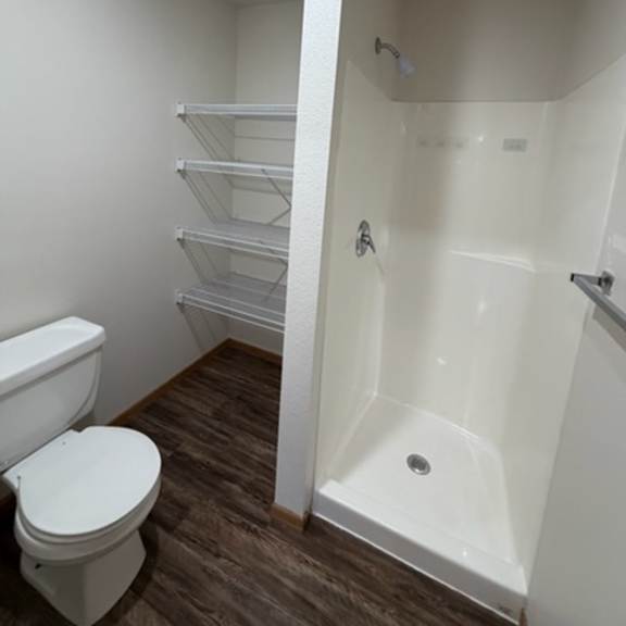 a white toilet sits in a small bathroom with a walk-in shower.