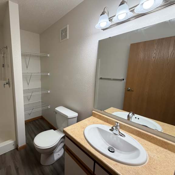 a bathroom with a toilet, sink, and shower.