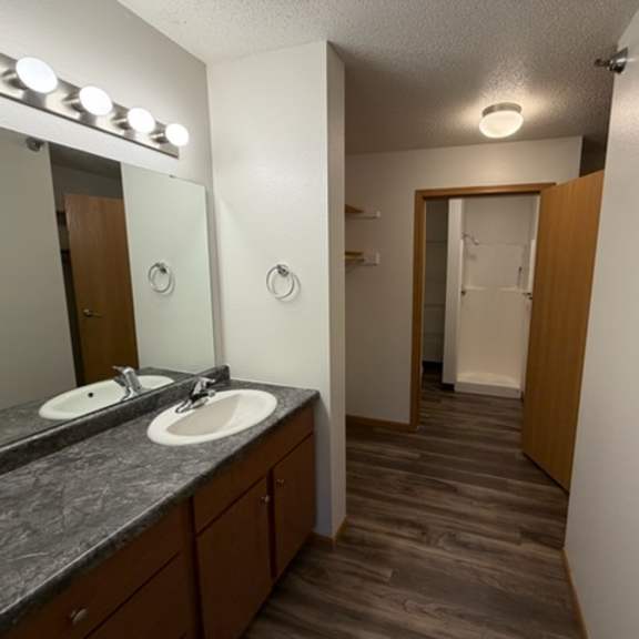 a bathroom with a vanity and a mirror.
