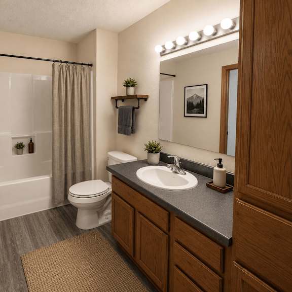 a bathroom with a white toilet, a sink, and a shower.