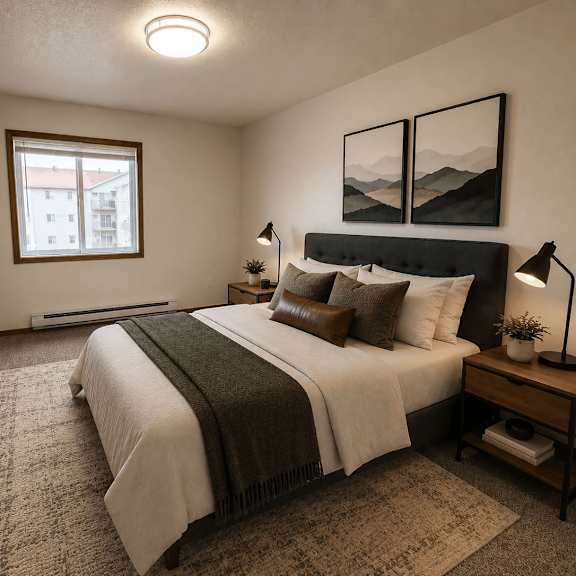 a bedroom with a large bed and a window.