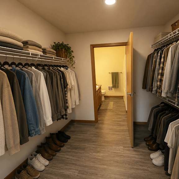 a walk in closet with a variety of clothes and shoes.
