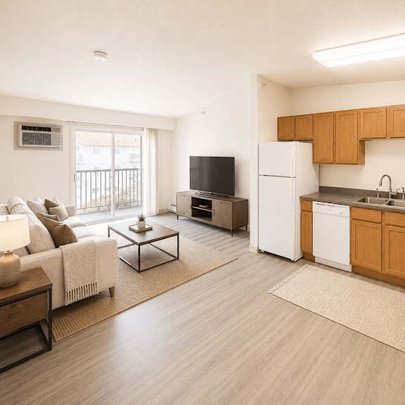 a modern kitchen with wooden cabinets and a white refrigerator.