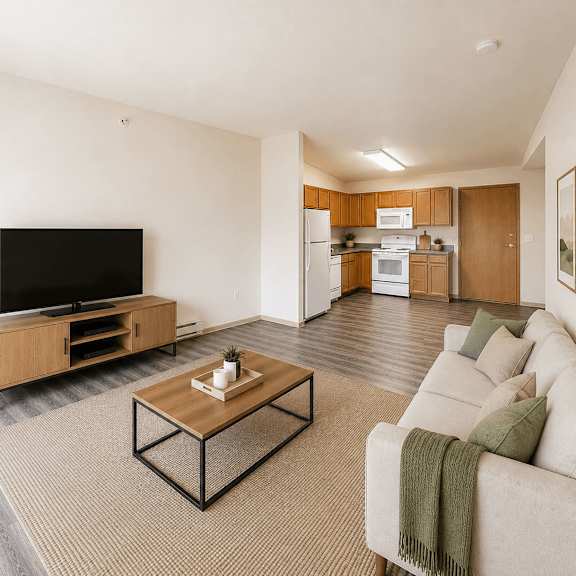 a living room with a white couch and a wooden coffee table.