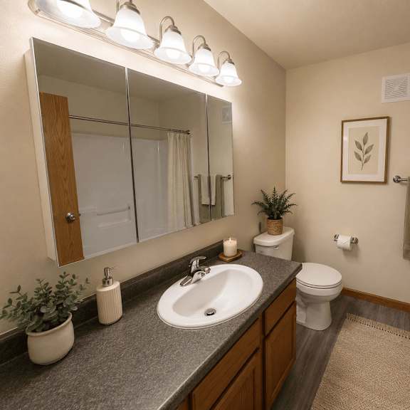 a bathroom with a sink, toilet, and a mirror.